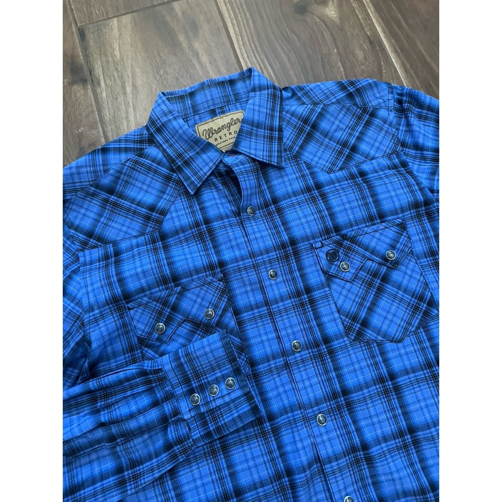 Wrangler Retro Mens Blue Black Plaid Snap Western Shirt MVR424M Medium